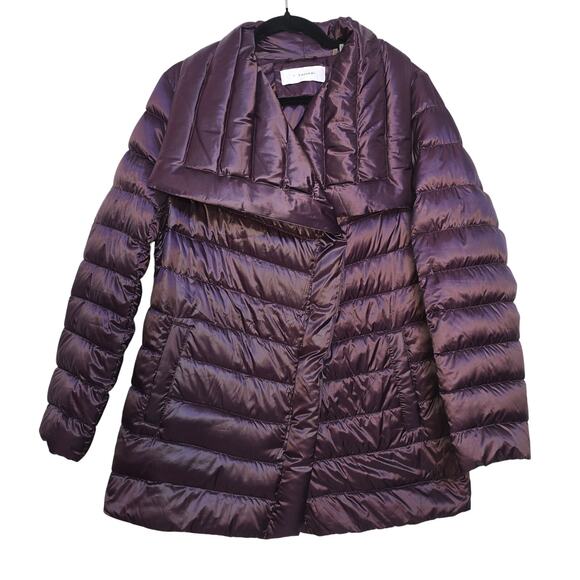 T Tahari Puffer Coat Womens Large Deep Purple Down Filled Quilted Asymmetrical - Picture 2 of 15